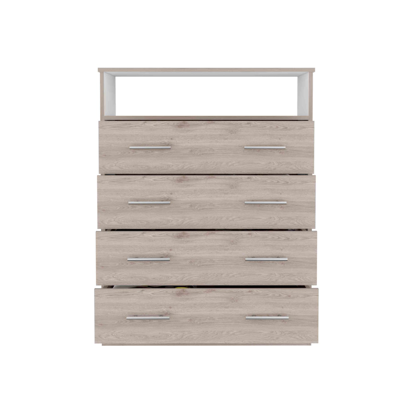 Elegant Four-Drawer Dresser with Open Shelf in Light Gray and White