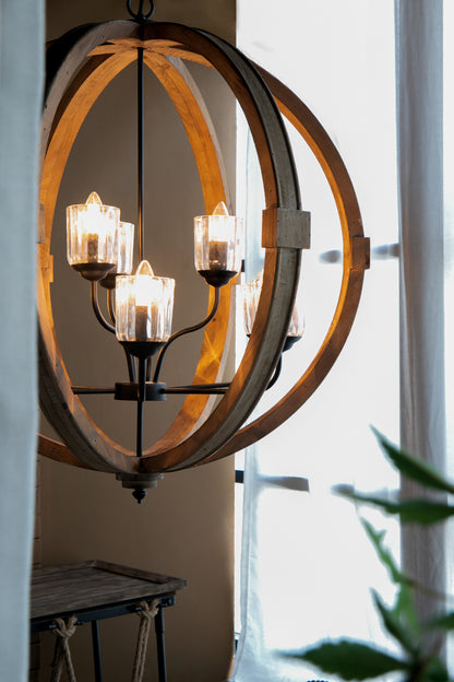 9-Light Globe Wood Chandelier with Adjustable Chain for Kitchen, Dining 31.5in Bulbs Not Included Brown