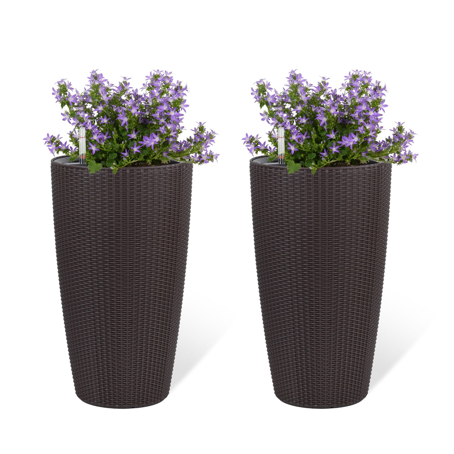 Tall Faux Rattan Planters Set of 2 with Water Level Monitor and Auto Watering, 22-Inch Brown