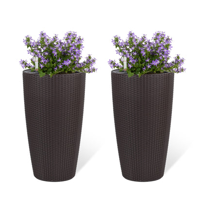 Tall Faux Rattan Planters Set of 2 with Water Level Monitor and Auto Watering, 22-Inch Brown