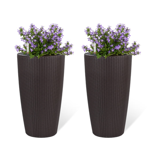 Tall Faux Rattan Planters Set of 2 with Water Level Monitor and Auto Watering, 22-Inch Brown