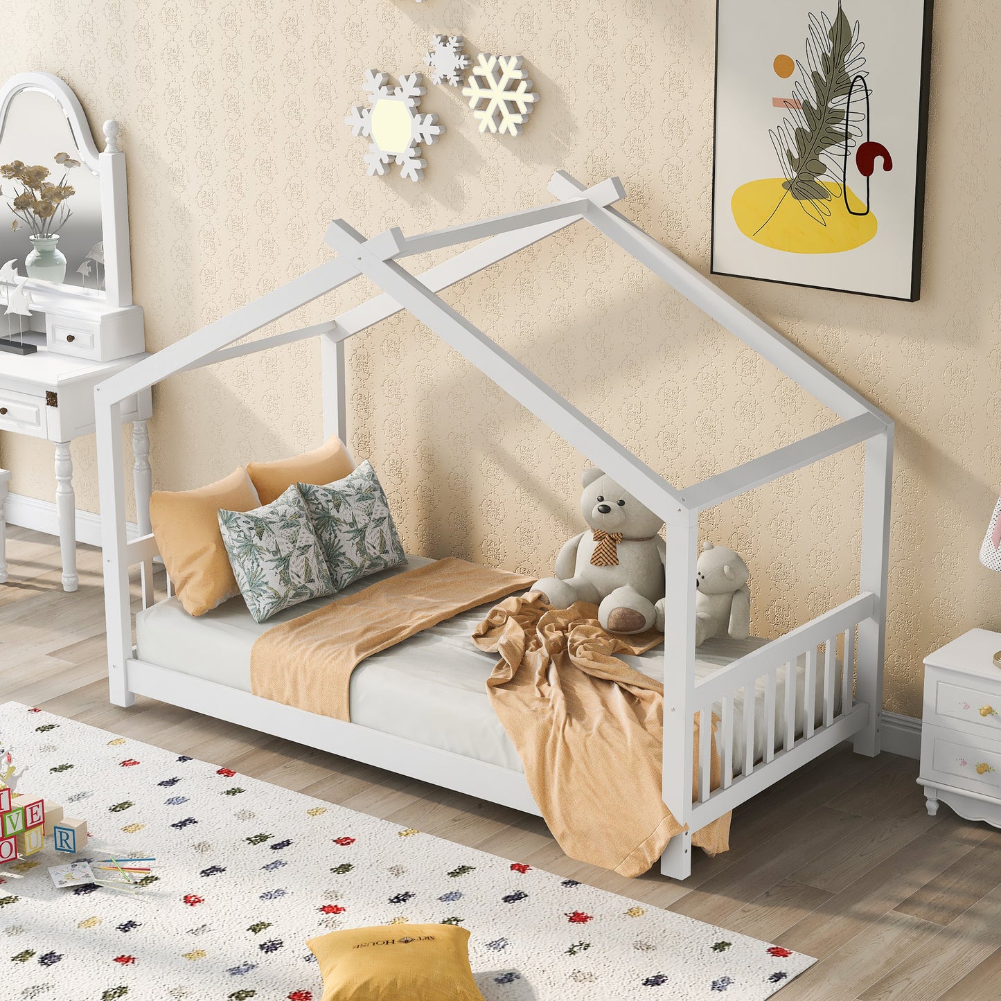 Whimsical Twin House Bed with Roof, Headboard & Footboard - White
