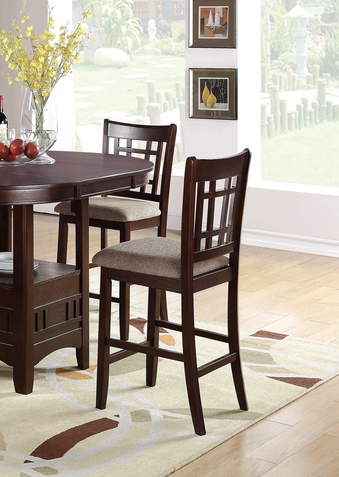 Counter Height 5Pc Round Table Dining Set Dark Rosy Brown
