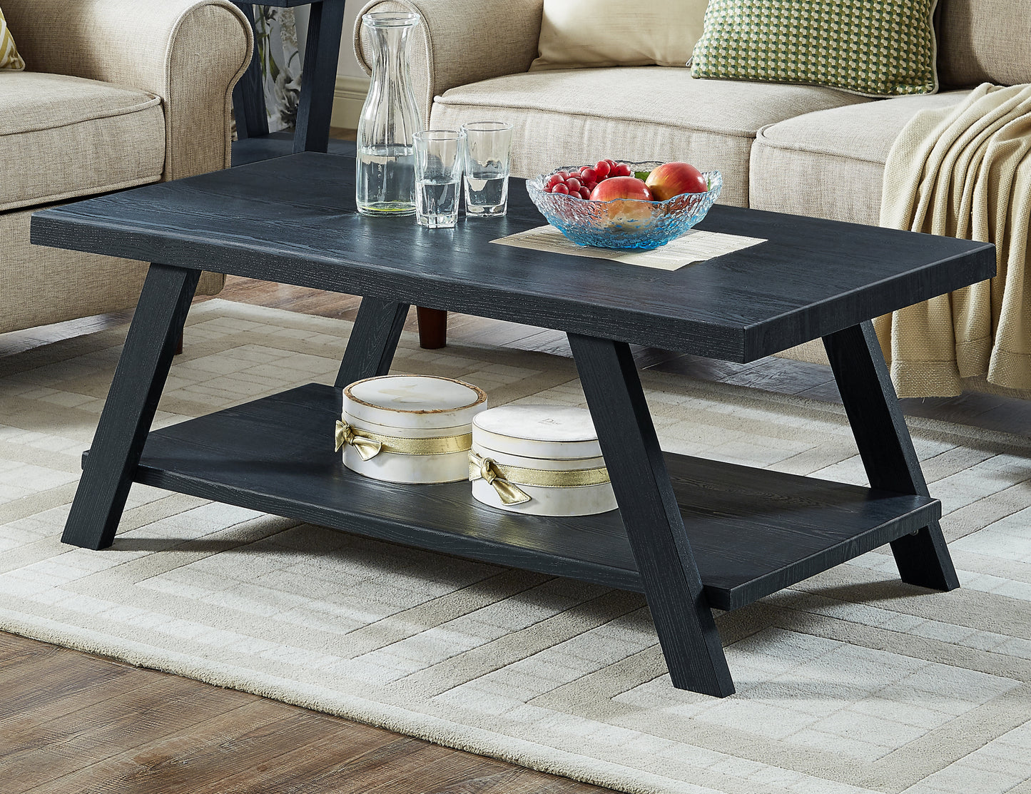 Contemporary Coffee Table with Under-Shelf Storage, 48x24x19 in, Hardwood Veneer, Angled Legs, Black