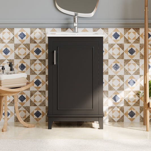 Compact 20-Inch Black Bathroom Vanity Cabinet with Ceramic Sink - Modern Design, Ample Storage, Soft-Close Door