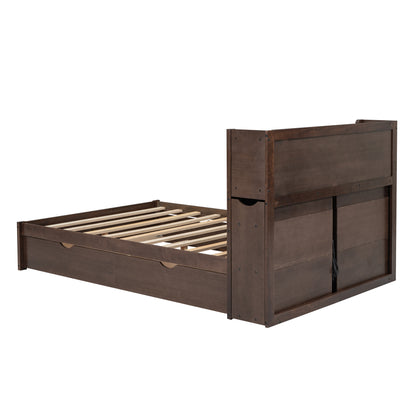 Espresso Full Size Storage Bed with Trundle and Dual Drawers, Pull-Out Shelving System