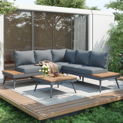 Outdoor V Shaped 4 Piece Aluminum Patio Sofa Set Durable Frame Lounge Furniture Grey Natural Wood