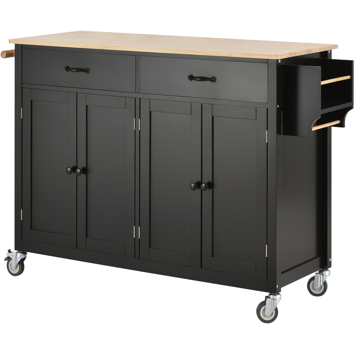 Versatile Kitchen Island Cart with Locking Wheels, Solid Wood Top, Ample Storage and Spice Rack (Black)