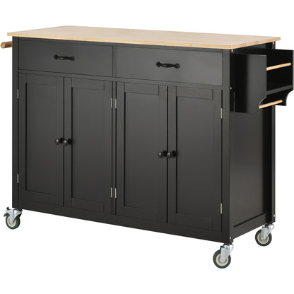 Versatile Kitchen Island Cart with Locking Wheels, Solid Wood Top, Ample Storage and Spice Rack (Black)