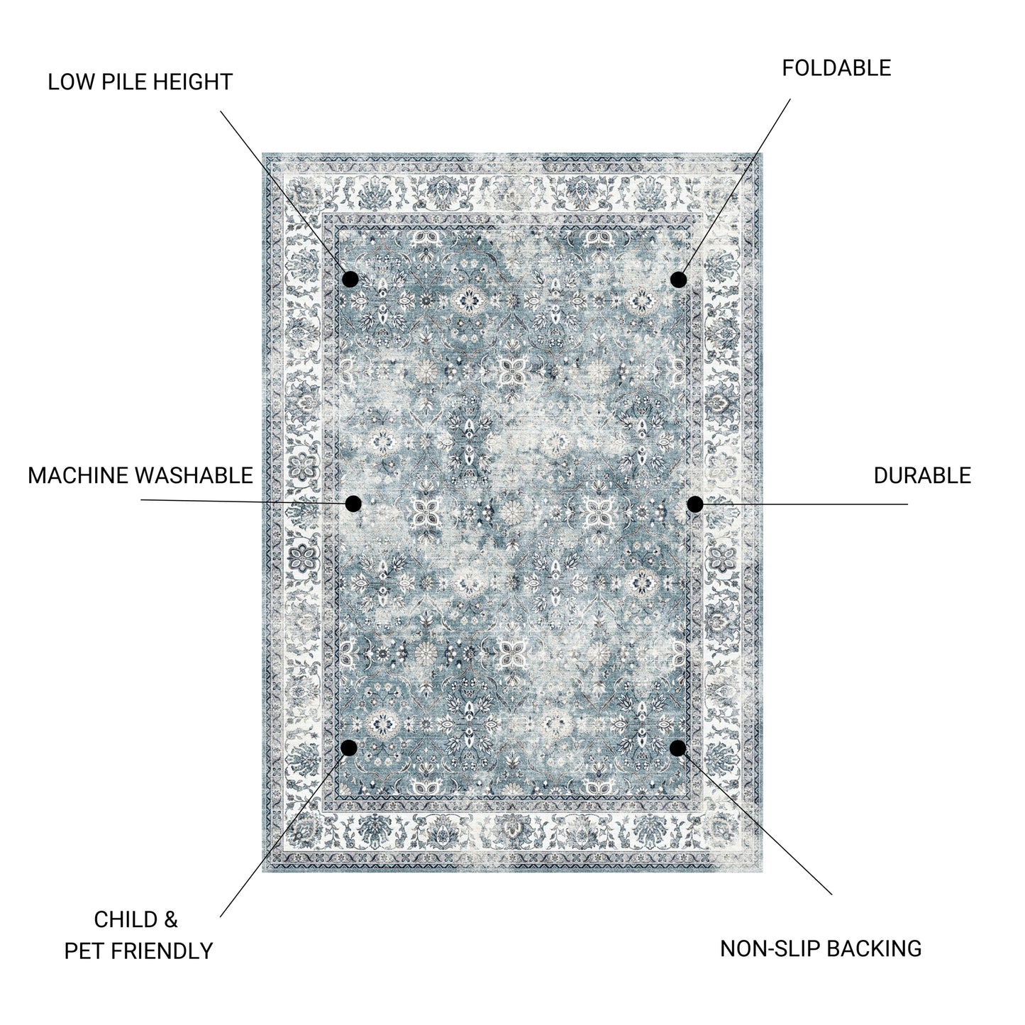 5x7 ft Machine-Washable Non-Slip Area Rug for High-Traffic Rooms & Entryways, Low-Pile Polyester Silver