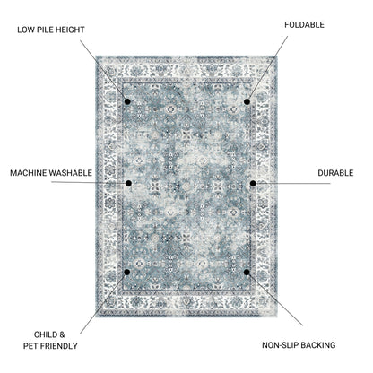 5x7 ft Machine-Washable Non-Slip Area Rug for High-Traffic Rooms & Entryways, Low-Pile Polyester Silver