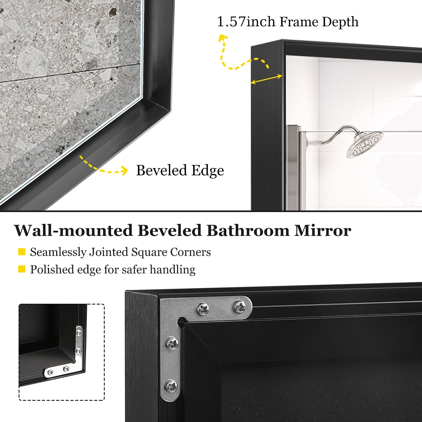 40x30inch Glossy Black Bathroom Mirrors For Wall Rectangle Vanity Mirror Corner Hangs Farmhouse Mirror Modern Metal Framed Rectangular Mirror, Decorative Square Corner Mirror(Horizontal & Vertical)