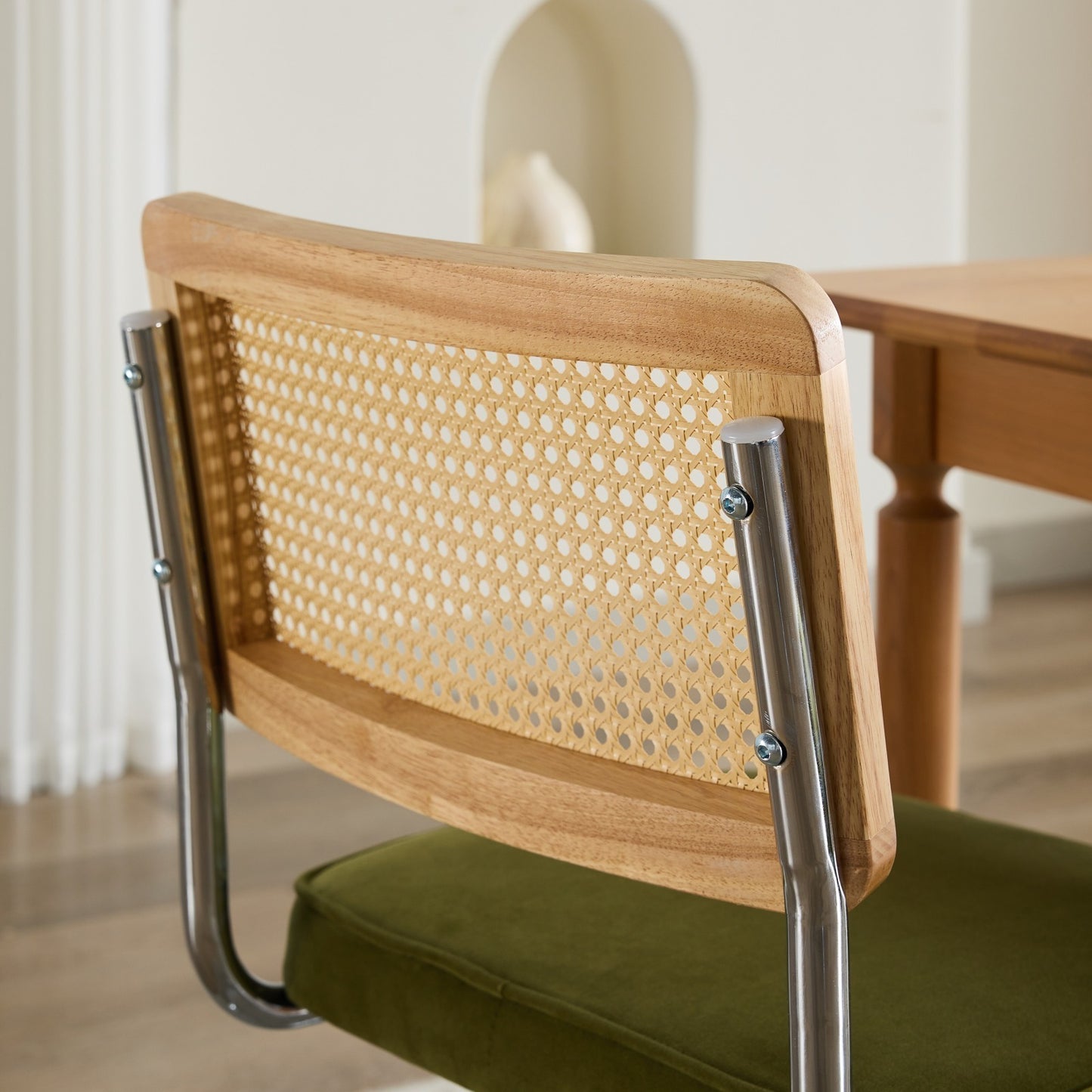 Set of 2 Velvet Dining Chairs with Rattan Back and Cantilever Chrome Base, Mid-Century Style, Olive Green