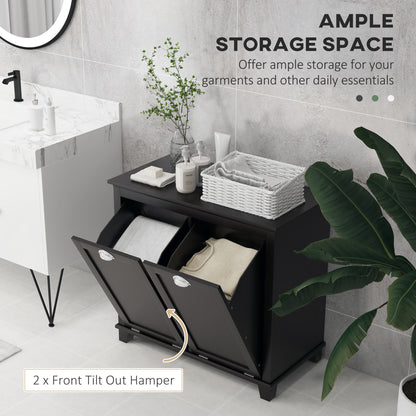 Modern Black Dual Compartment Laundry Hamper Cabinet with Tilt-Out Design for Bathroom Storage