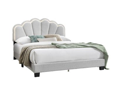 Elegant White Queen Size Platform Bed with Floral Headboard and LED Lighting