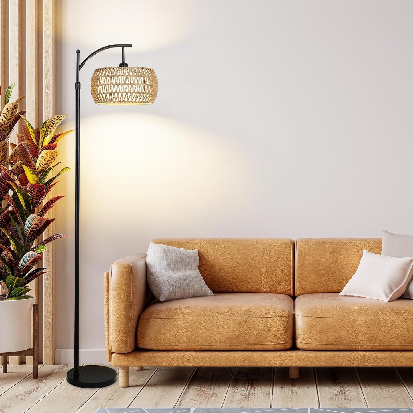 Arc Floor Lamp with Remote, Dimmable LED, 3 Color Temp, Height 65-72.8in, Rattan & Linen Shade, Black