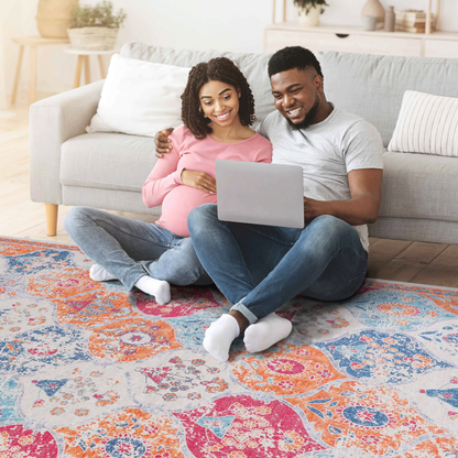 Machine Washable 8x10 Area Rug - Low-Pile Chenille, Non-Slip Backing, Foldable, Kid & Pet Friendly, Cream