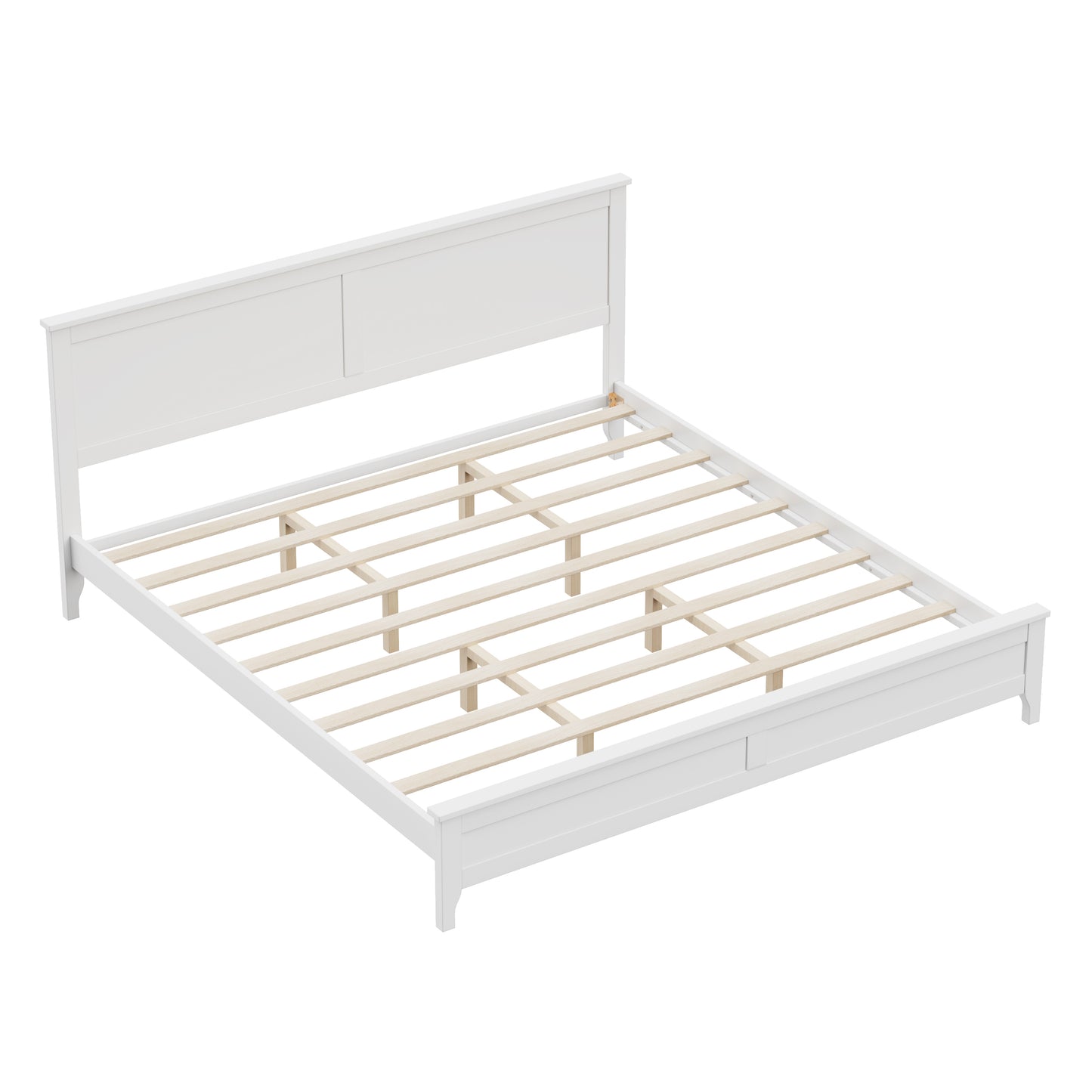Modern Low-Profile Solid Wood King Platform Bed with Slat Headboard, Pine & MDF Construction, White