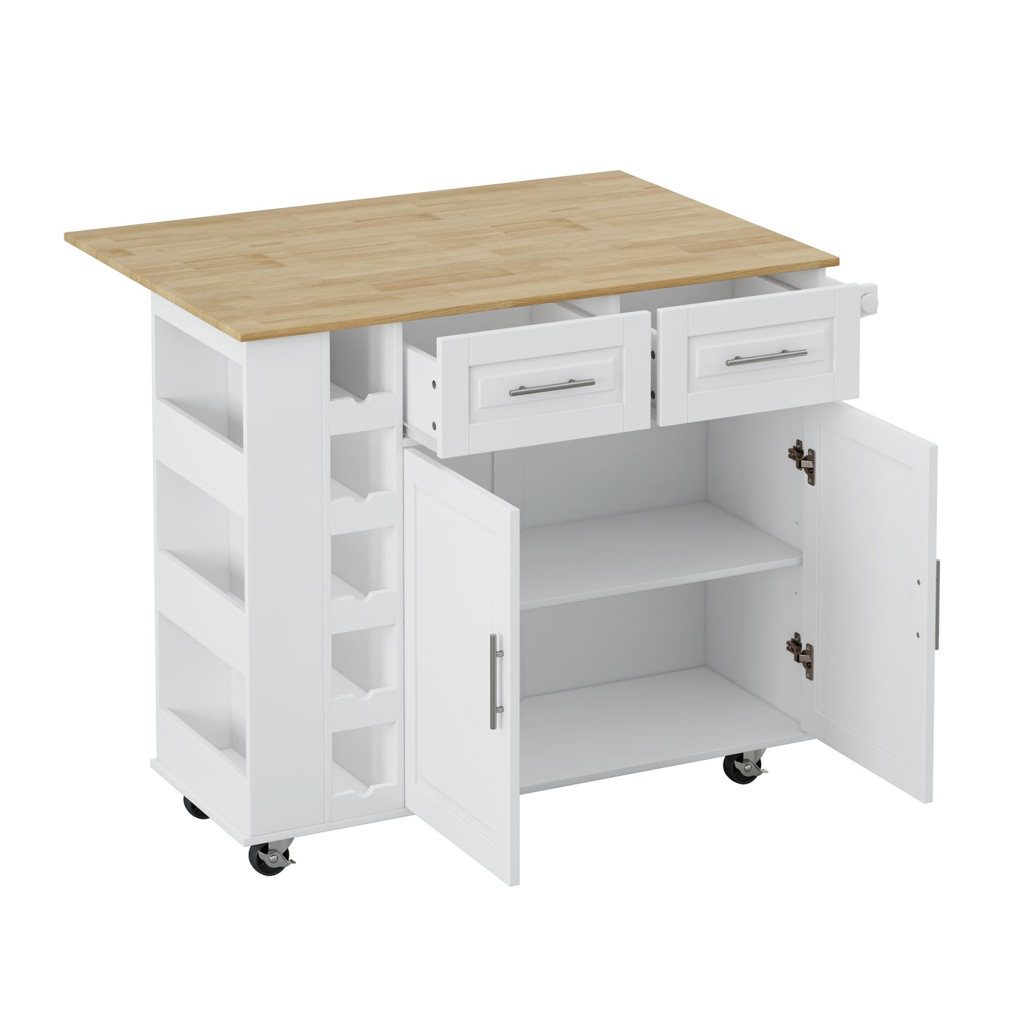 Elegant Multi-Functional Kitchen Island Cart with Storage Cabinet, Drawers, Spice Rack, Wine Rack, and Foldable Rubberwood Top (White)