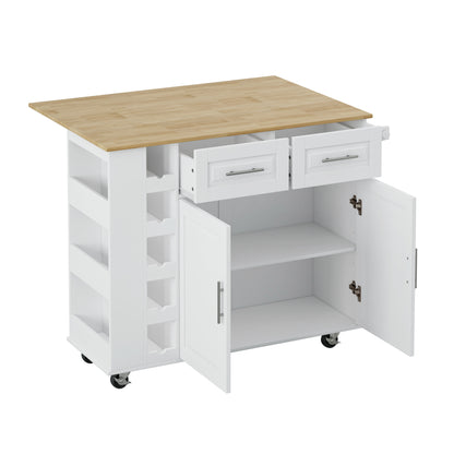 Elegant Multi-Functional Kitchen Island Cart with Storage Cabinet, Drawers, Spice Rack, Wine Rack, and Foldable Rubberwood Top (White)
