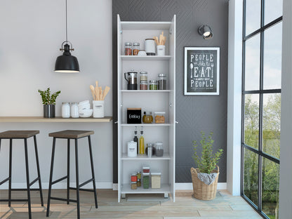 Modern White Pantry Cabinet with Five Shelves and Four Legs