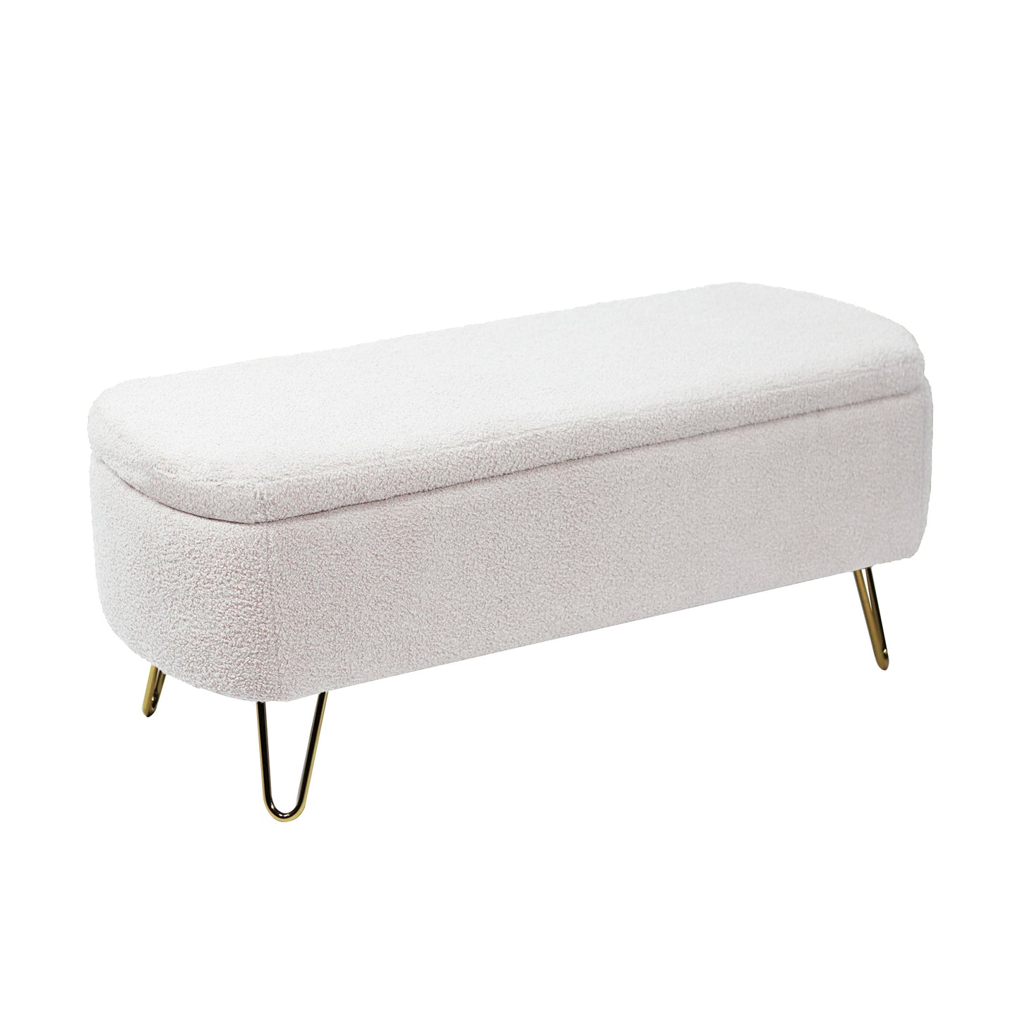 Modern Faux Fur Storage Ottoman Bench for End of Bed or Entryway with Padded Upholstery Ivory White