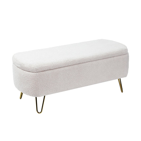 Modern Faux Fur Storage Ottoman Bench for End of Bed or Entryway with Padded Upholstery Ivory White