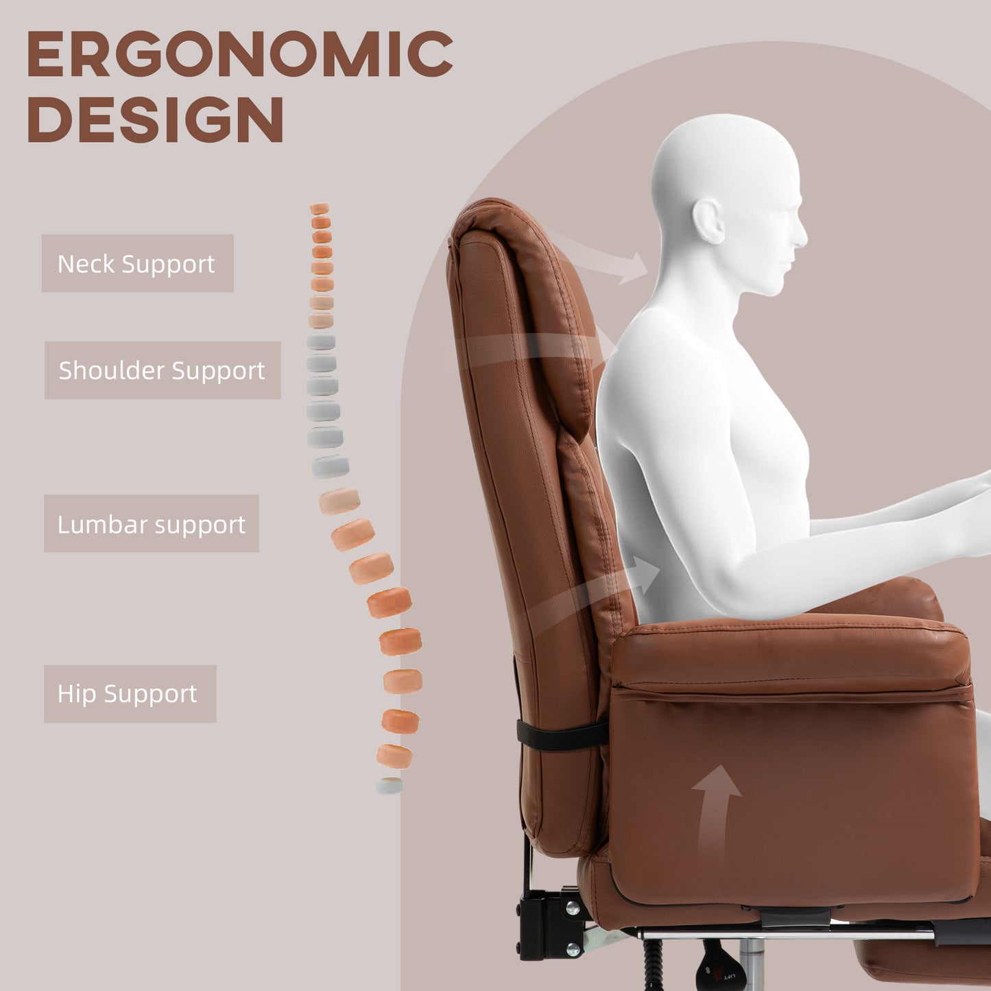 Ergonomic PU Leather Executive Desk Chair with Footrest and Adjustable Lumbar Support, Brown