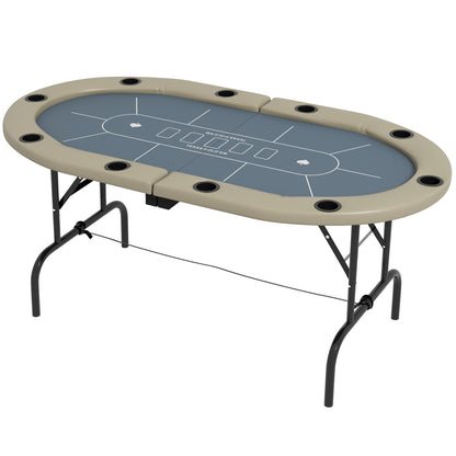 70-Inch Folding Oval Poker Table for 10 with Cup Holders, Felt Surface, Portable Padded, Blue and Brown