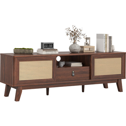 Rattan TV Stand for TVs, Wood TV Stand Mid Century Modern TV Stand TV Media Console with Drawer and 2 Cabinets, Boho Entertainment Center for Living Room