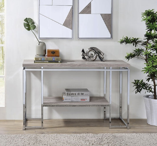 Rectangular Sofa Table - Modern Console Living Room, Wood Top, Open Shelf, 47W x 16D x 30H, Chrome Finish