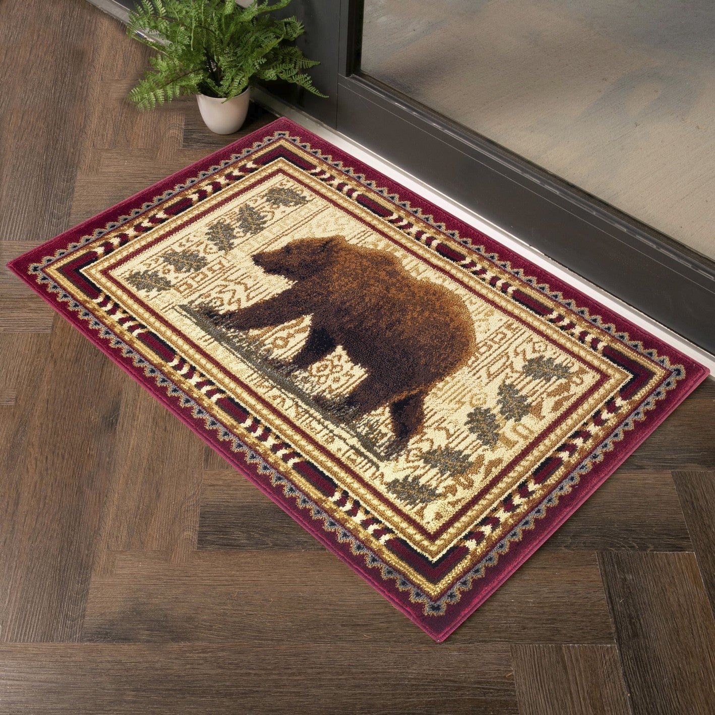 2 ft x 3 ft Lodge Area Rug with Southwestern Bear Motifs, Polypropylene, Stain-Resistant, High-Traffic, Red