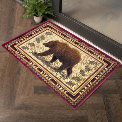2 ft x 3 ft Lodge Area Rug with Southwestern Bear Motifs, Polypropylene, Stain-Resistant, High-Traffic, Red