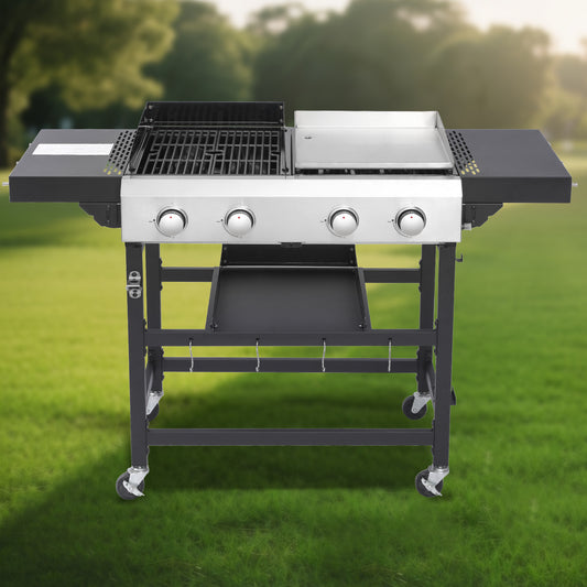 Two Burner Plancha Gas Grill With 56.5 Inch Length Griddle Surface And 22.8 Inch Width Outdoor Kitchen Black And Silver