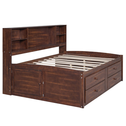Elegant Antique Brown Full Size Wooden Captain Bed with Ample Storage and Built-in Shelves