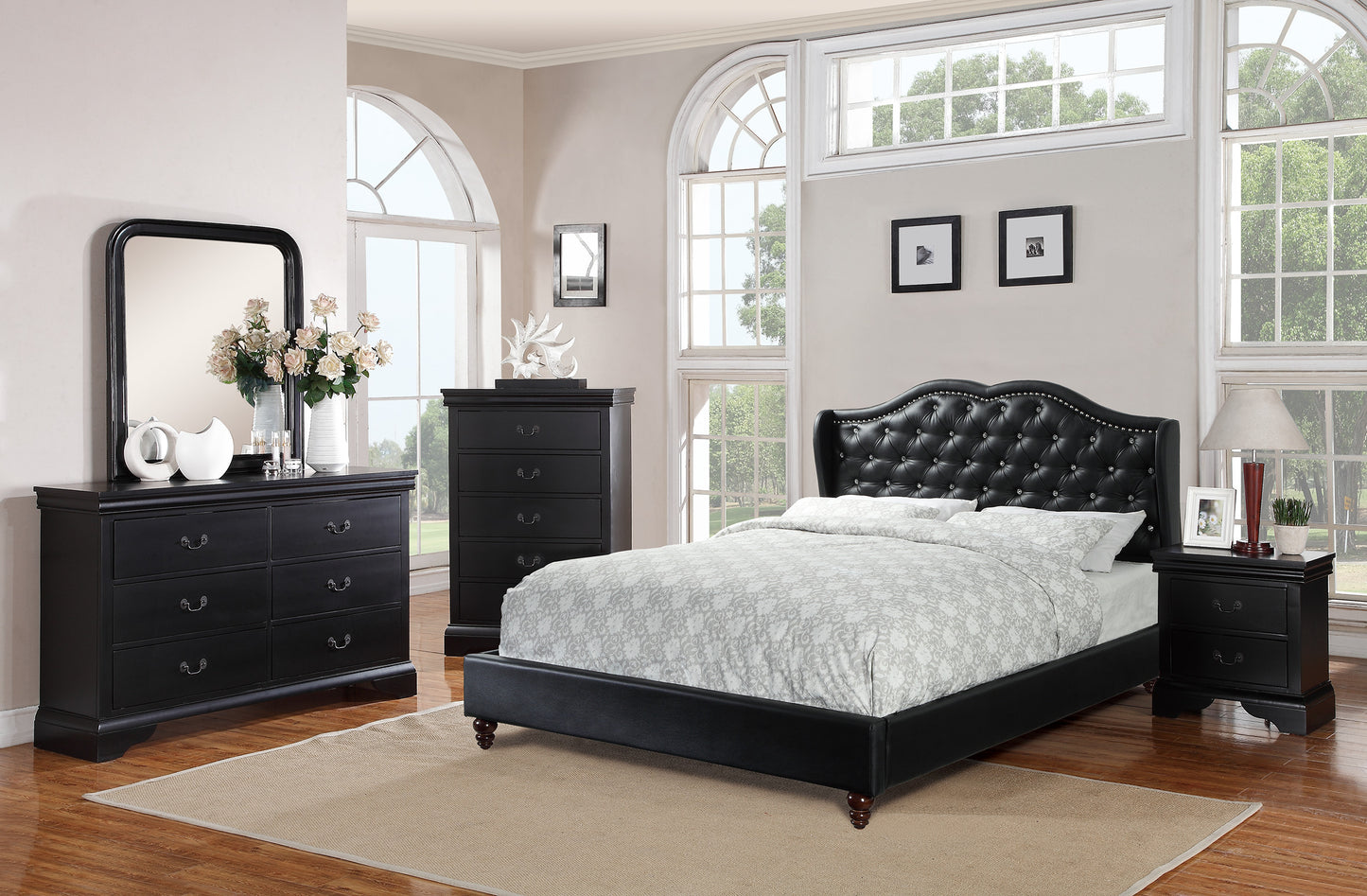 Luxurious Black Faux Leather Queen Bed Set with Wingback Headboard and Tufted Design
