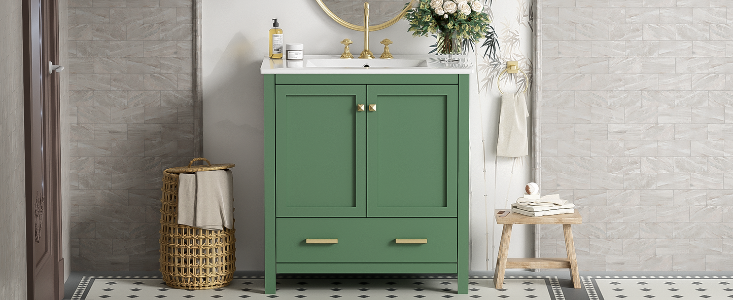 30" Elegant Green Bathroom Storage Vanity with Integrated Undermount Sink and Soft-Close Features