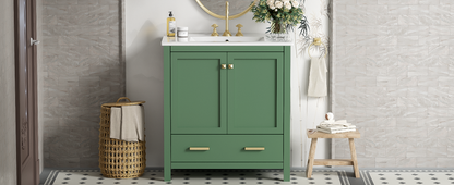 30" Elegant Green Bathroom Storage Vanity with Integrated Undermount Sink and Soft-Close Features