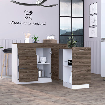 Convertible L-Shaped Kitchen Island with 3 Drawers in White and Dark Walnut Finish
