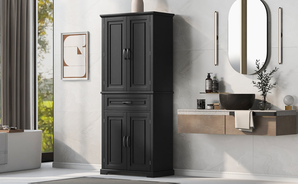 Tall Black Bathroom Storage Cabinet with Adjustable Shelf, Doors, and Drawer for Versatile Organization