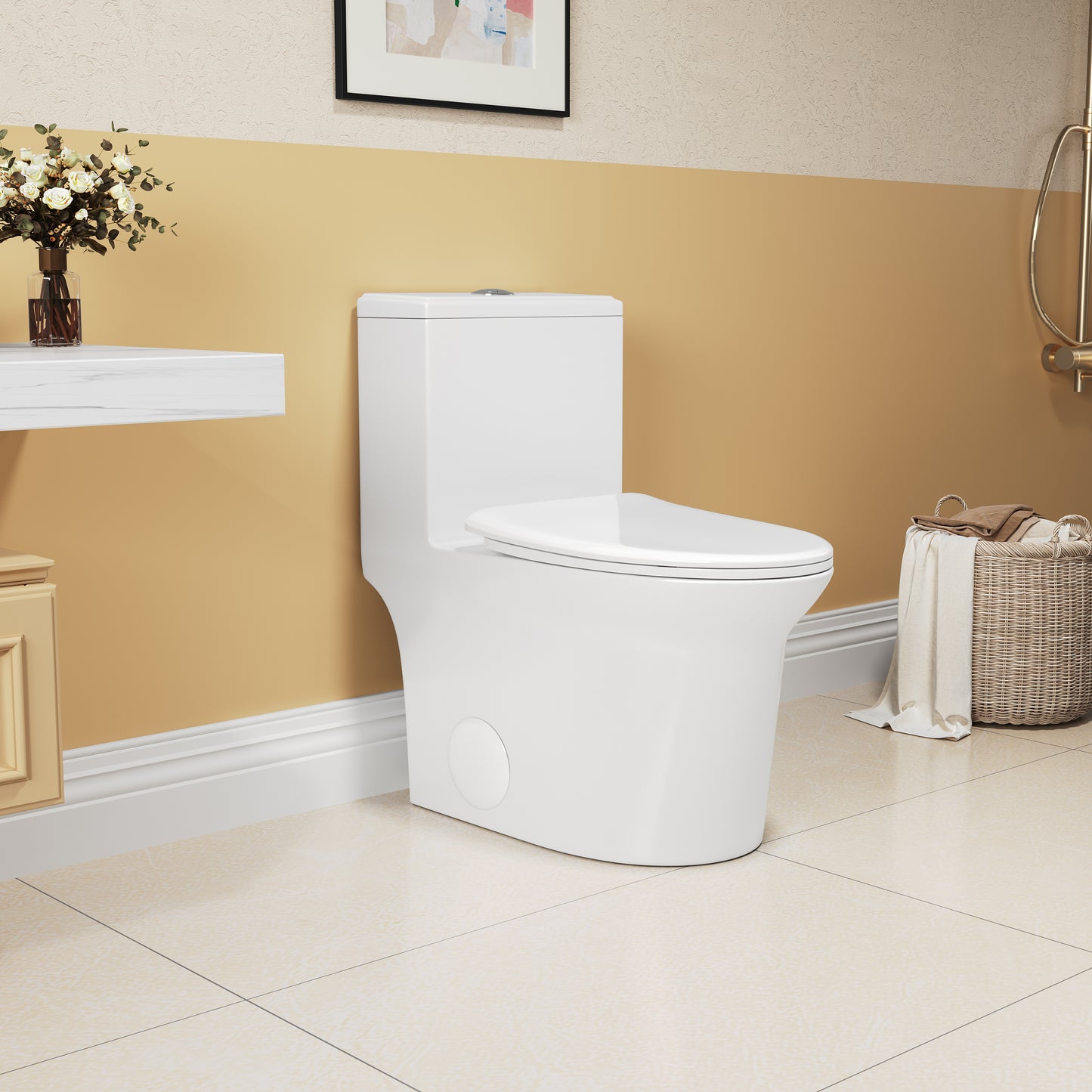 Elongated Comfort Height One-Piece Toilet with Quiet Dual-Flush System, CUPC & WaterSense Certified, White Ceramic, Soft Close Seat