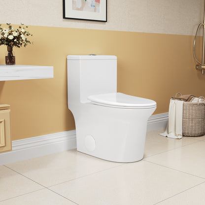 Elongated Comfort Height One-Piece Toilet with Quiet Dual-Flush System, CUPC & WaterSense Certified, White Ceramic, Soft Close Seat