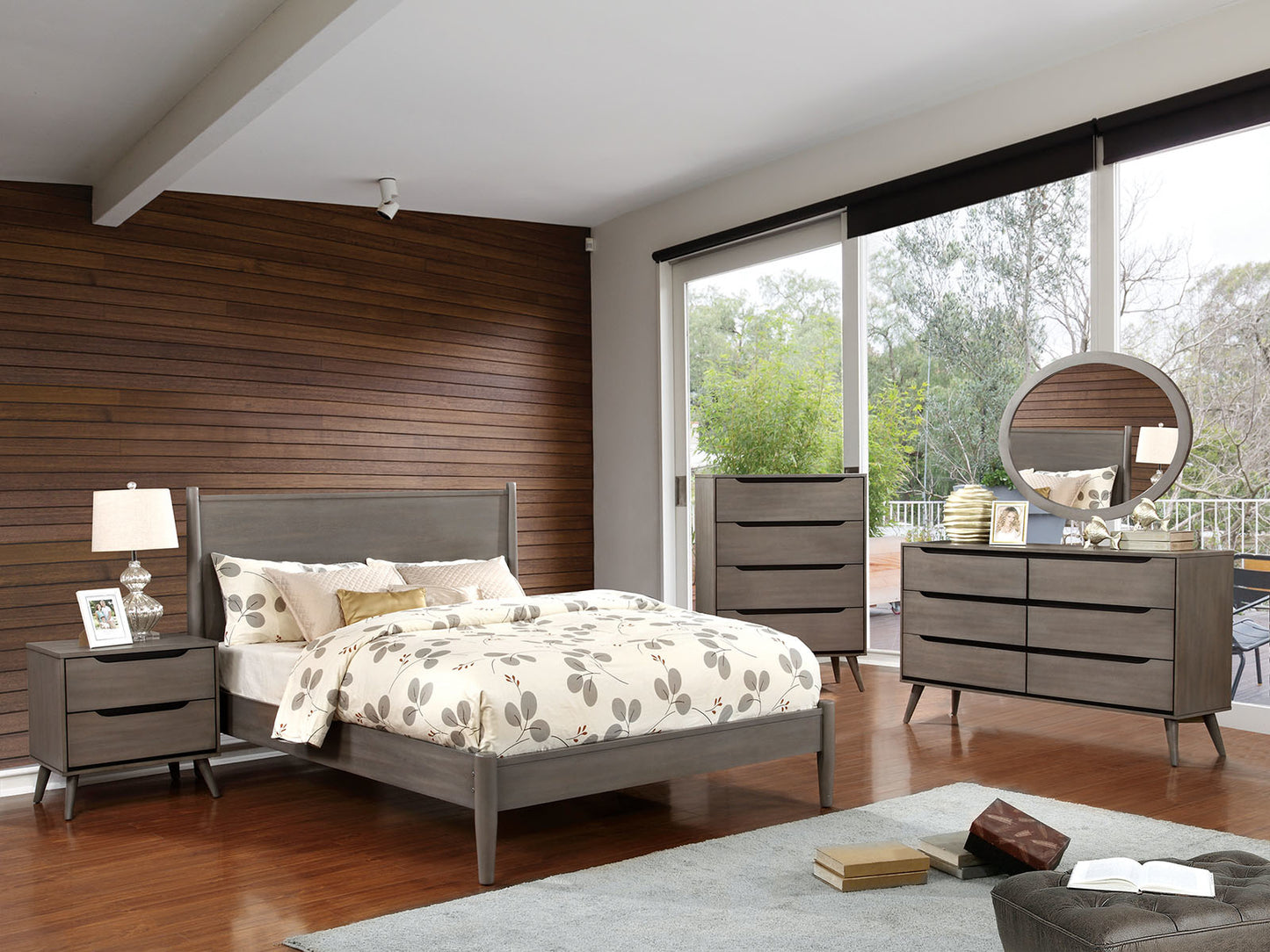 Mid-Century Modern Gray Color 1pc Nightstand Bedroom Furniture Solid wood Round Tapered Legs 2-Drawers Bedside Table