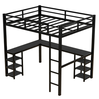 Stylish Black Metal Loft Bed with Integrated Desk and Storage Shelves