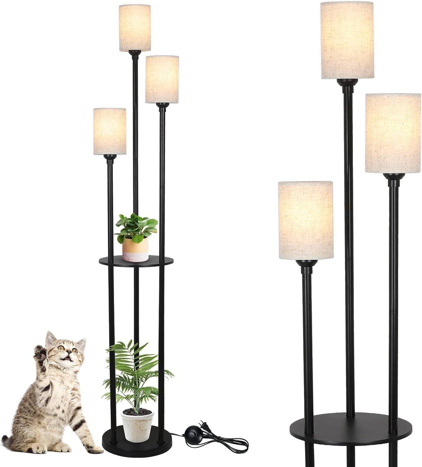 3-Light Floor Lamp with Shelves, Industrial Modern Floor Lamp, Linen Shade, Foot Pedal, 66in Black