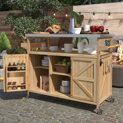 Outdoor Kitchen Island With Rolling Bar Cart Solid Wood And Stainless Steel Top Spice Rack Natural