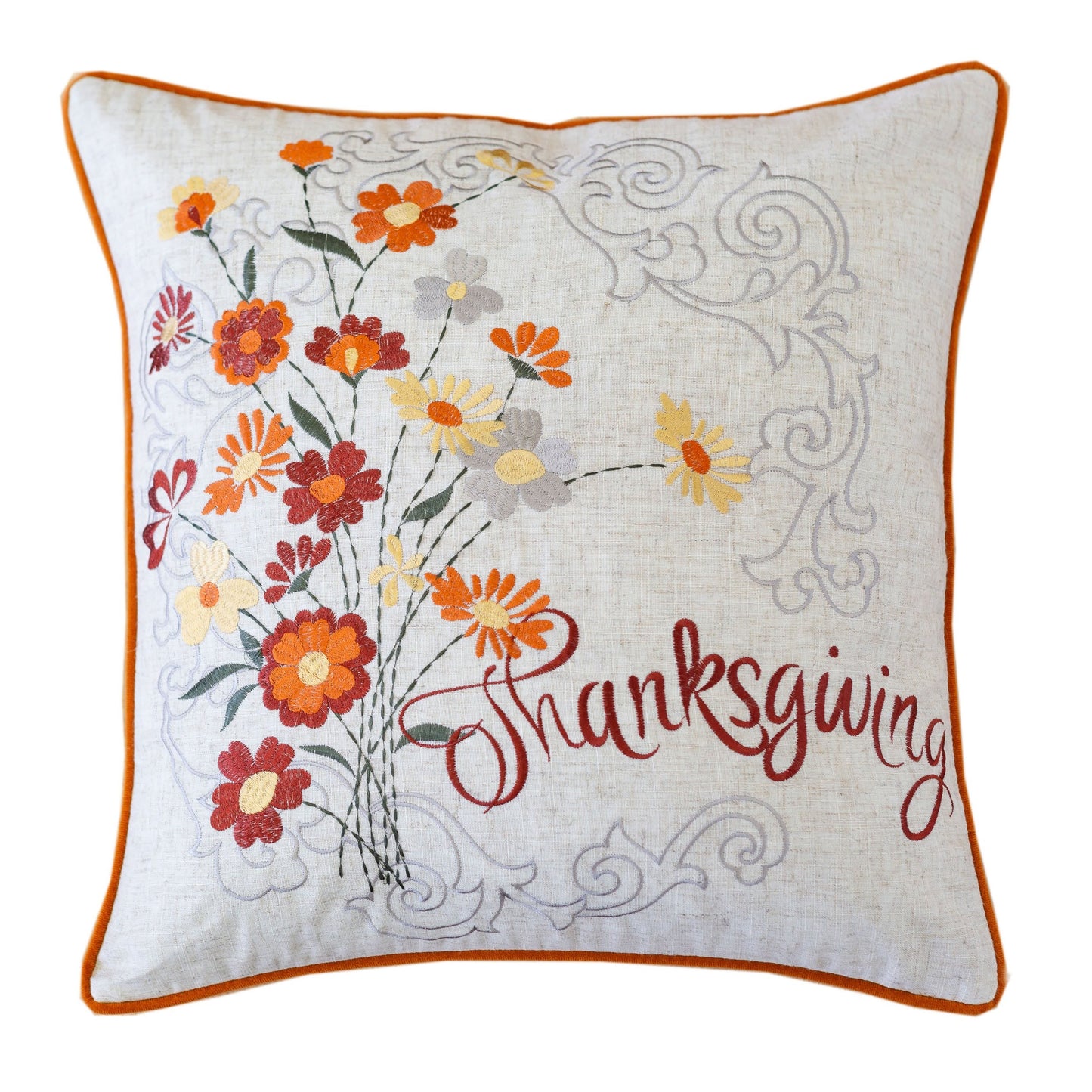 20x20 Inch Thanksgiving Embroidered Floral Throw Pillow, Cotton-Blend Linen Texture, Sofa Decor Rust