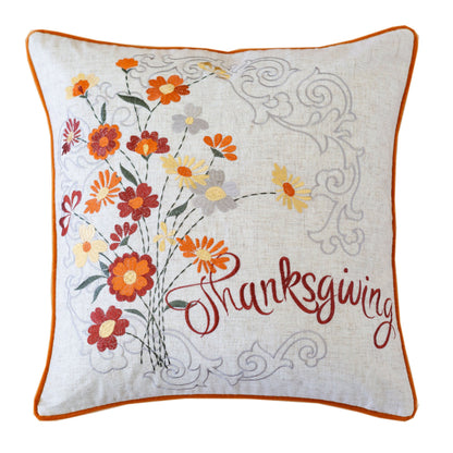 20x20 Inch Thanksgiving Embroidered Floral Throw Pillow, Cotton-Blend Linen Texture, Sofa Decor Rust