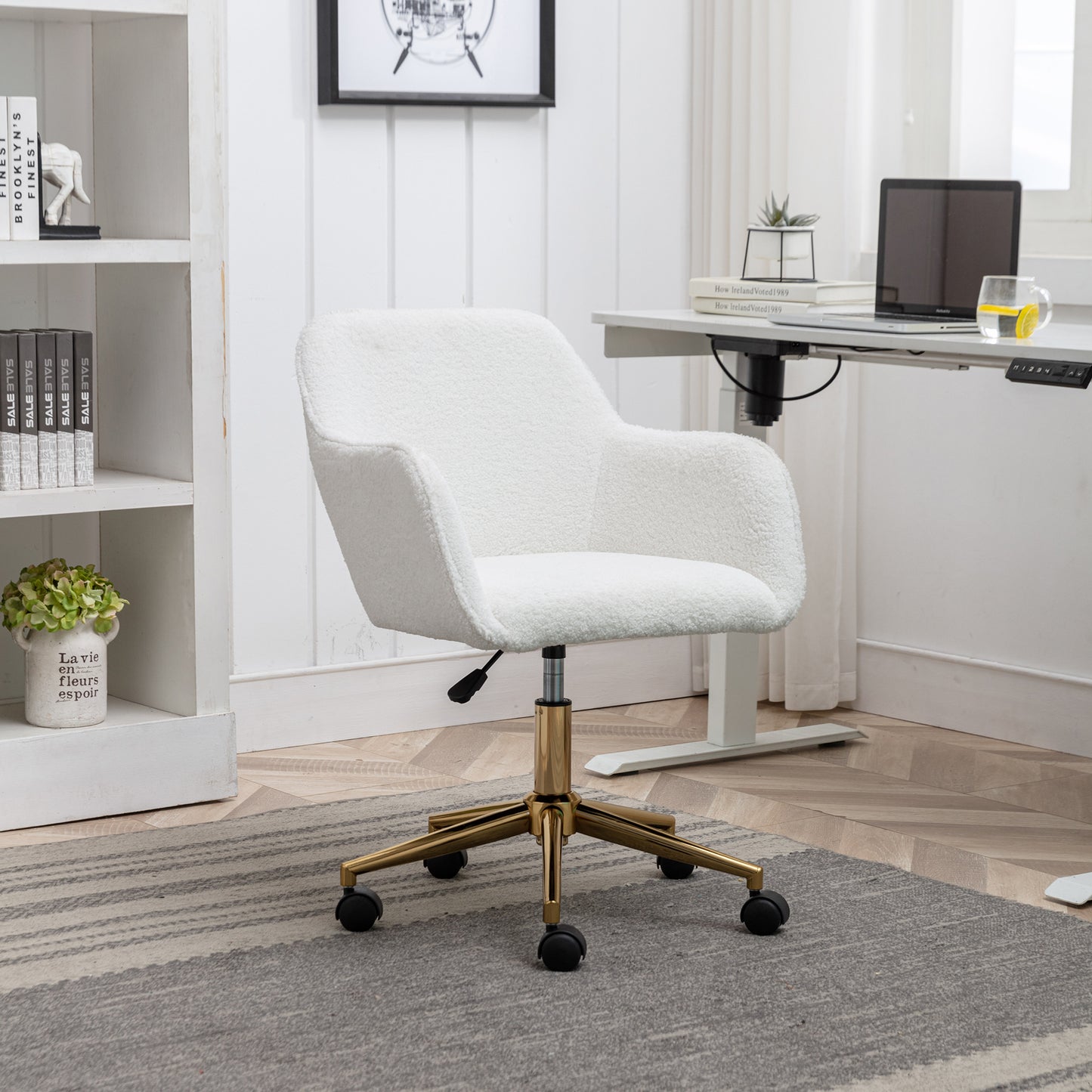 Elegant White Teddy Fabric Home Office Chair with Gold Metal Legs and 360° Swivel Function