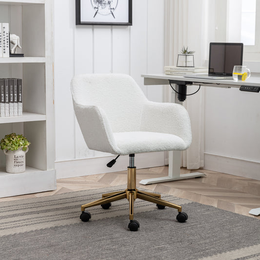 Elegant White Teddy Fabric Home Office Chair with Gold Metal Legs and 360° Swivel Function